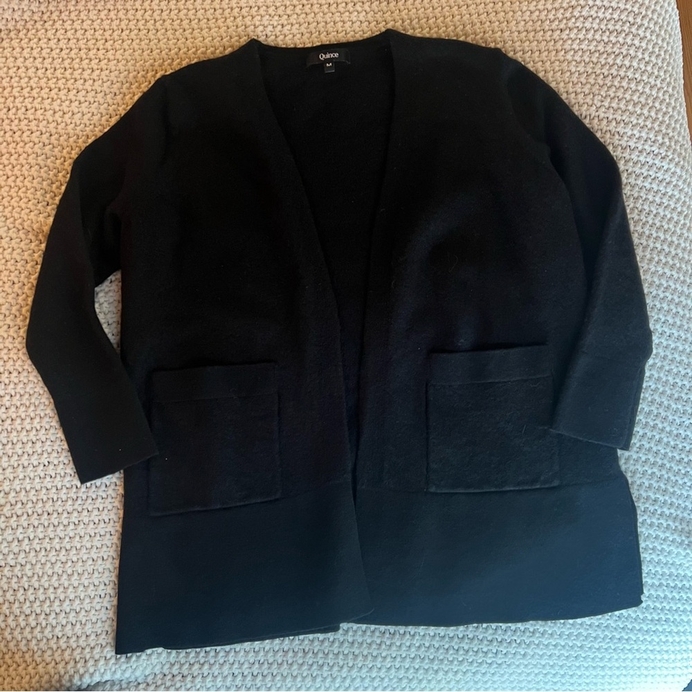 Quince Black Merino Wool Cardigan with 3/4 Sleeves